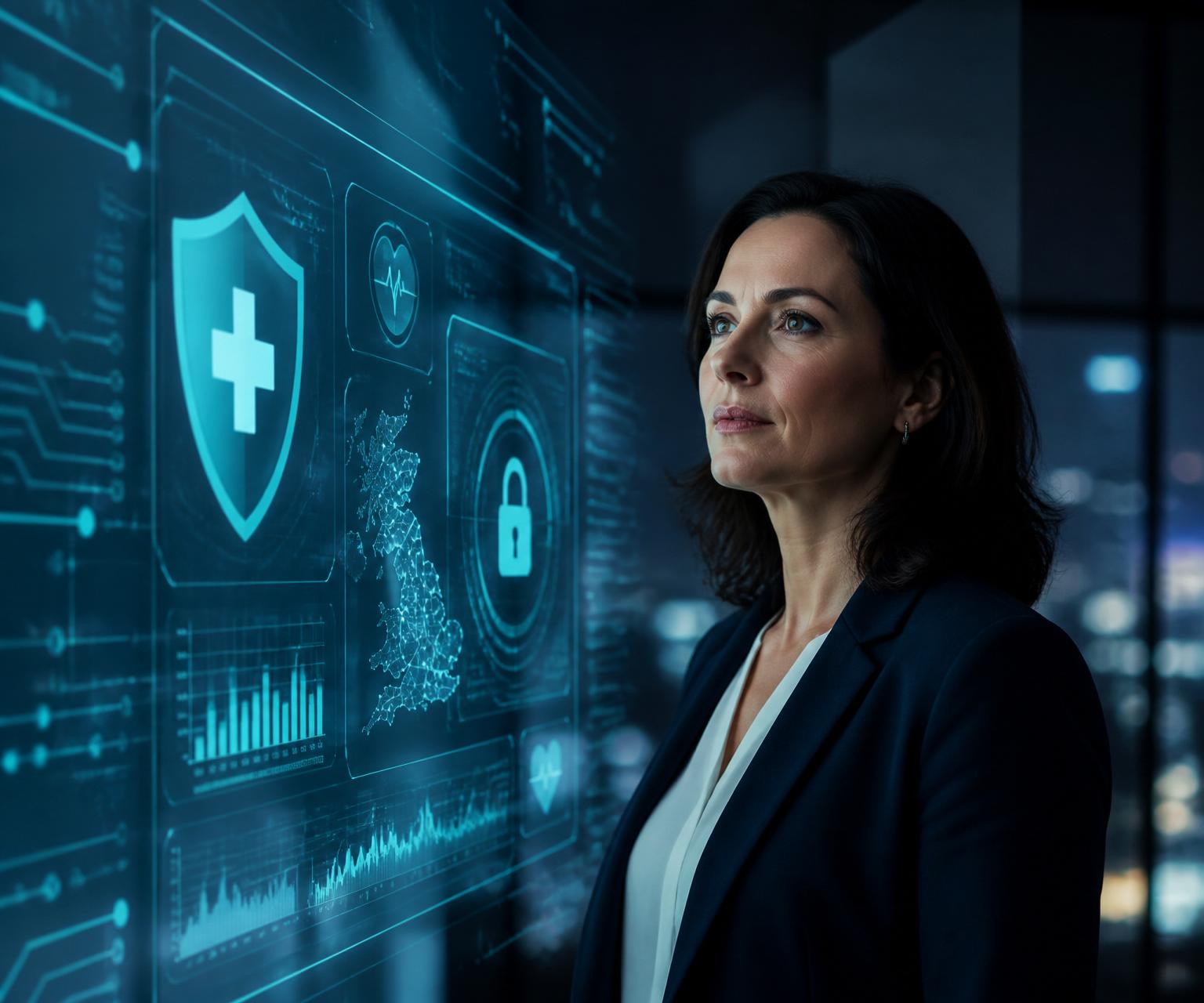 Compliance officer reviewing a KnoxGuard cybersecurity dashboard with DSPT, CQC and UK GDPR metrics